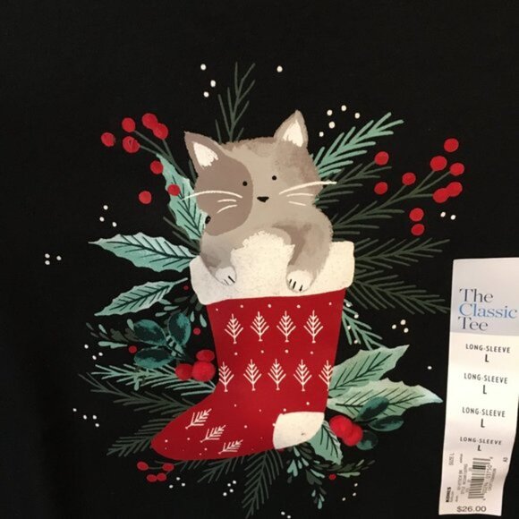 Womens Croft & Barrow Christmas Black Long Sleeve Kitty Cat Stocking Tee T-Shirt - Picture 2 of 5